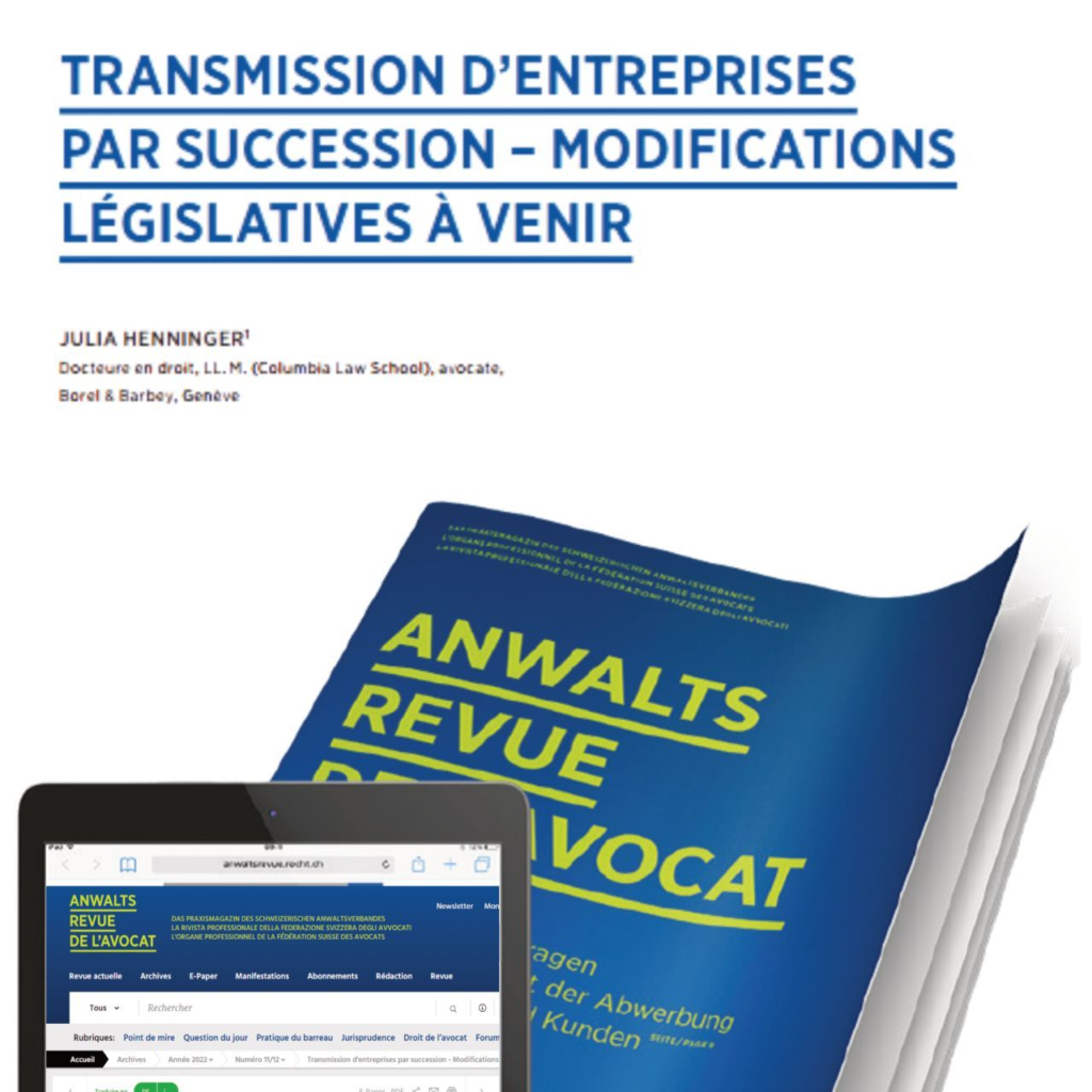 Transmission d'entreprises par succession - Modifications législatives à venir - Julia Henninger